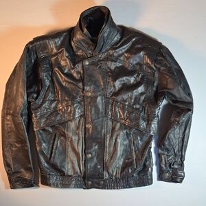 Men's Large Classic Black Leather Bomber Jacket Removable Sleeves Vest Worn In